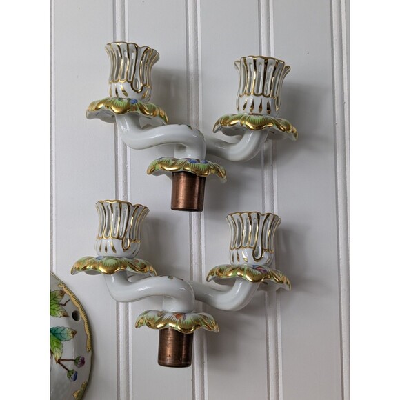 Herend Queen Victoria Green Border Double Candlesticks Set of 2 - Picture 10 of 16